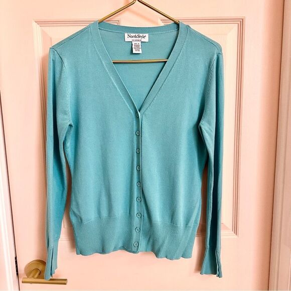 NorthStyle Blue Cardigan Sweater V-Neck Fine-Knit - Picture 1 of 5